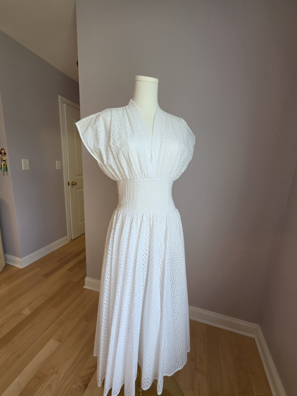 Tory Burch White Eyelet Smocked-Waist Midi Dress